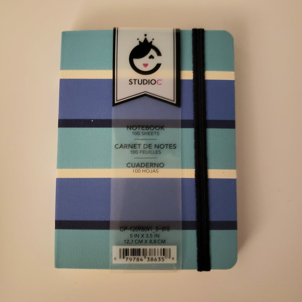 Studio C Mini Notebook Notepad Teal Blue Striped Elastic Lined Journal 100 Sheet